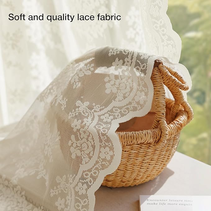 Anmao Vintage Lace Curtains 90 Inches Long 2 Panels Set, Romantic Elegant Light Filtering Semi Sheer Floral Thick Lacy Curtain Drapes for Living Room and Bedroom, Each Panel 55W x 90L, Ivory