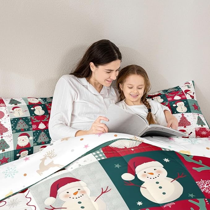 Feelyou Merry Christmas Comforter Set All Season Xmas Tree Snowman Bedding Set with 2 Pillow Cases Santa Claus Microfiber Kids King Bedclothes Patchwork Bedroom Decor Duvet Quilt Breathable Soft