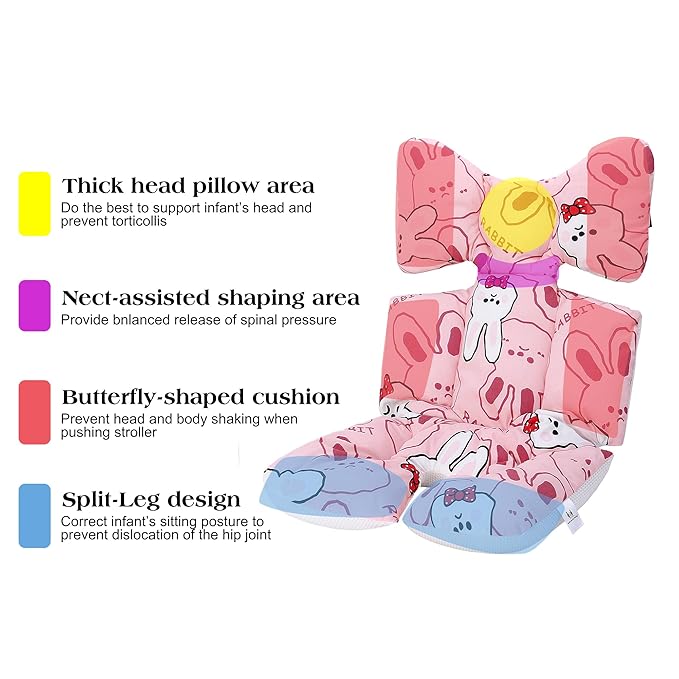 Baby Seat Pad Liner for Stroller–Soft and Breathable，3D Air Mesh Cotton Universal Baby Stroller Cushion(Pink Rabbit)