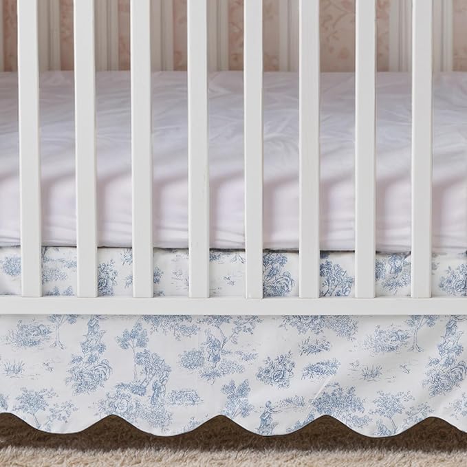 Brandream French Country Toile Crib Skirt, Baby Girl Gender Neutral Crib Skirt Scalloped Toddler Bedskirt Vintage Blue Toile Floral Print 100% Cotton Farmhouse Chic Nursery Crib Bed Skirt