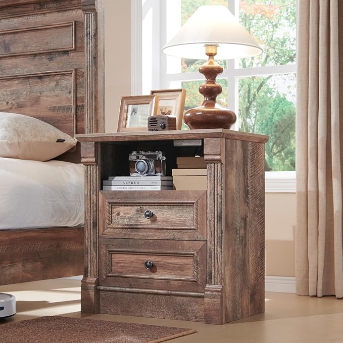 26" Tall Nightstand with Charging Station, Farmhouse 23.6" Wide Large End Table w/Roman Column, Wood Rustic Side Table w/Open Shelf, 2 Drawers Dresser for Bedroom, Living Room, Light Brown