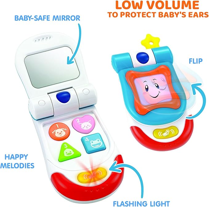 Baby Toy Flip Phone – 4 Interactive Sound and Music Buttons Plus Realistic Ringtone – Includes a Mirror and Fun Light Effects – Smartphone Toy for Babies 3+ Months – ASTM Certified