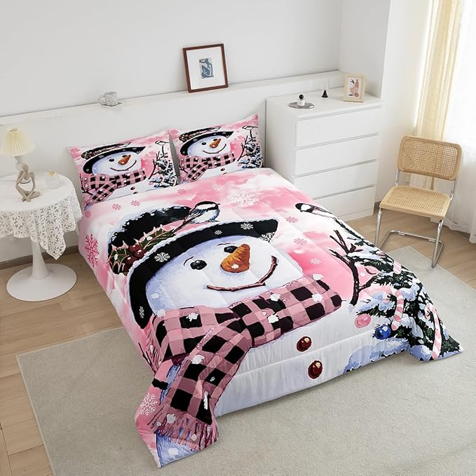 Feelyou Kids Christmas Theme Decorations Bedding Set Xmas Snowman Comforter Set for Boys Girls Snowflake Kawaii Cute Pink Bedroom Collection Twin Size
