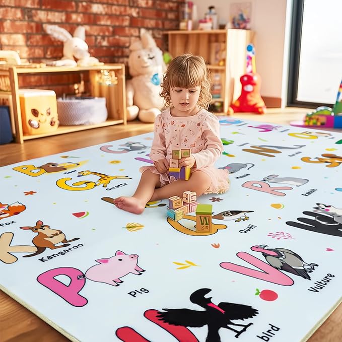 Kids Rugs for Playroom, 8x10 Ft Educational Rug for Learn The ABC Alphabet, Soft Machine Washable Non-Slip Cute Cartoon Animals Carpet for Classroom Toddler Nursery Kids Room Decor, Blue