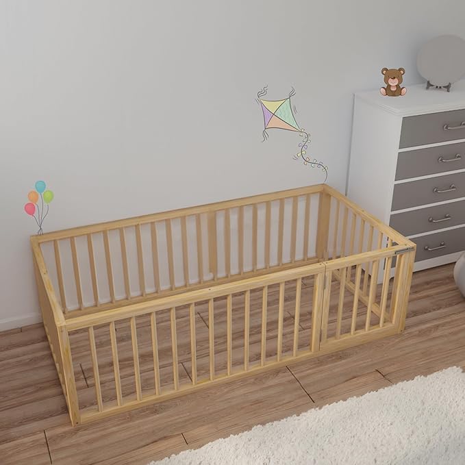 Montessori Floor Bed with Door On The Right Side for Toddler | Pine Wood Natural Solid Frame Beds | Sturdy Modern Design Floor Bed Frame for Boy and Girls (Full, Height: 23.6 Inches)
