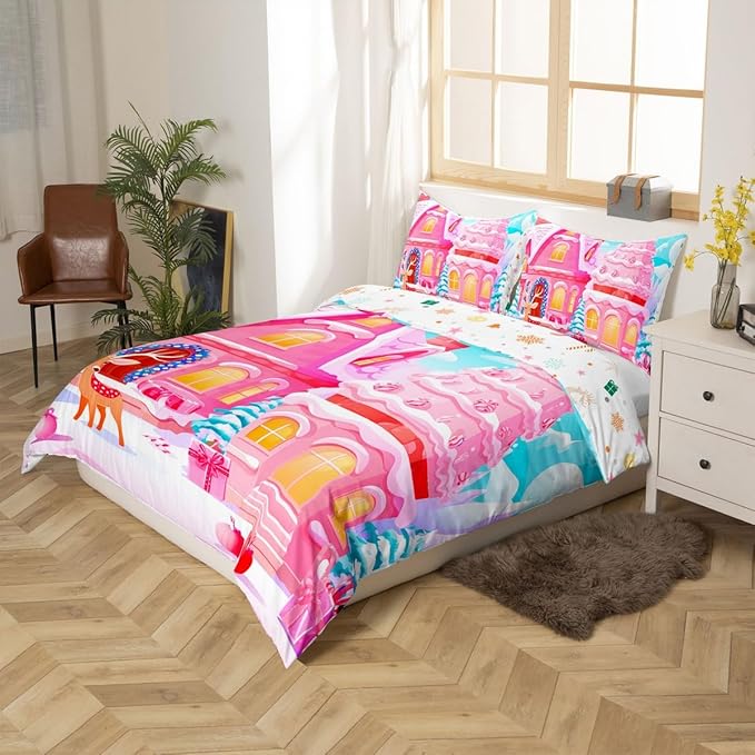 Feelyou Christmas Pink Comforter Cover Set Cute Deer Print Bedding Set Twin Size for Kids Boys Girls Bedroom Bed Decor Xmas Christmas Duvet Cover Soft Bedspread Cover,No Comforter