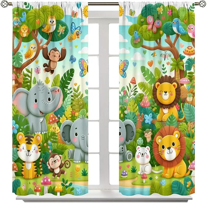 Cartoon Animals Curtain Jungle Forest Elephant Lion Butterfly Floral Print Curtains for Kids Boys Girls Nursery Baby Bedroom Playroom Home Decor Window Drapes 42" W X 63" L