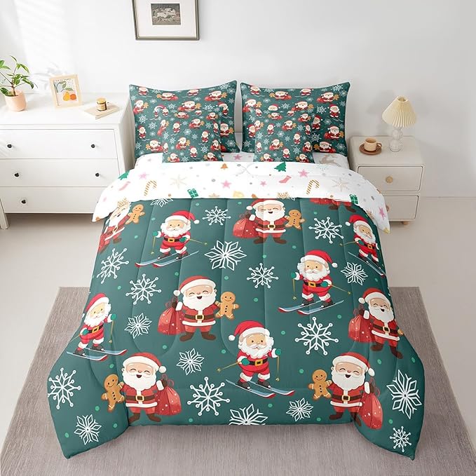 Erosebridal 7Pcs Cartoon Santa Claus Comforter Set King Size,Xmas Gingerbread Bedding Set,Christmas Snowboard Snowflake Bed in A Bag,Cute Christmas Ornaments Quilt with Flat Fitted Sheet