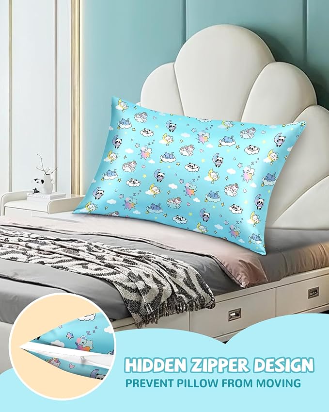 Silk Pillowcase for Kids - 30 x 20 Inches Queen Size Mulberry Silk Pillow Case with Zipper Cute Cartoon Kawaii Teens Girls Boys Pillowcase for Hair and Skin, Sleeping Animals