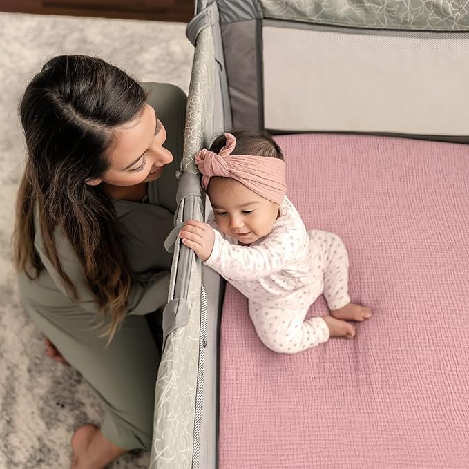 lulumoon Pack and Play Sheets for Girls: Soft Muslin Cotton for Playard Mattress - Stretchy Snug Fit for 4moms Pack n Play