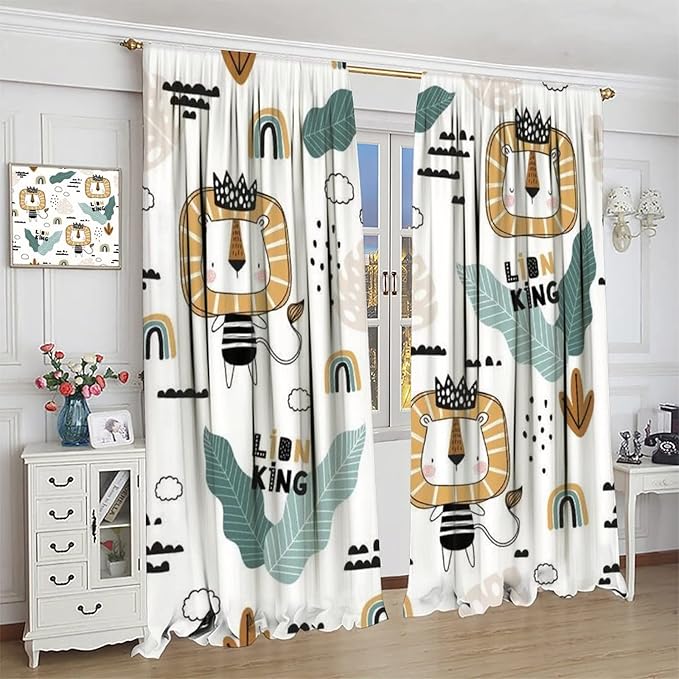 Cartoon Little Lion King Window Curtains for Baby Child,Cute Funny Forest Animals,Tropical Jungle Leaves Wildlife Boho Rainbow Print Blackout Drapes for Nursery Boys Girls Kids Bedroom 63x63in