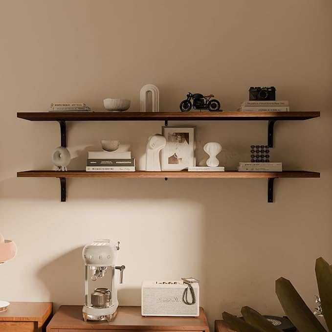 12x48 Inch Rustic Walnut Wood Floating Shelves 2-Pack - Farmhouse Walnut Wall Shelves with 100 lbs Capacity, Easy Installation for Living Room, Kitchen, Bathroom