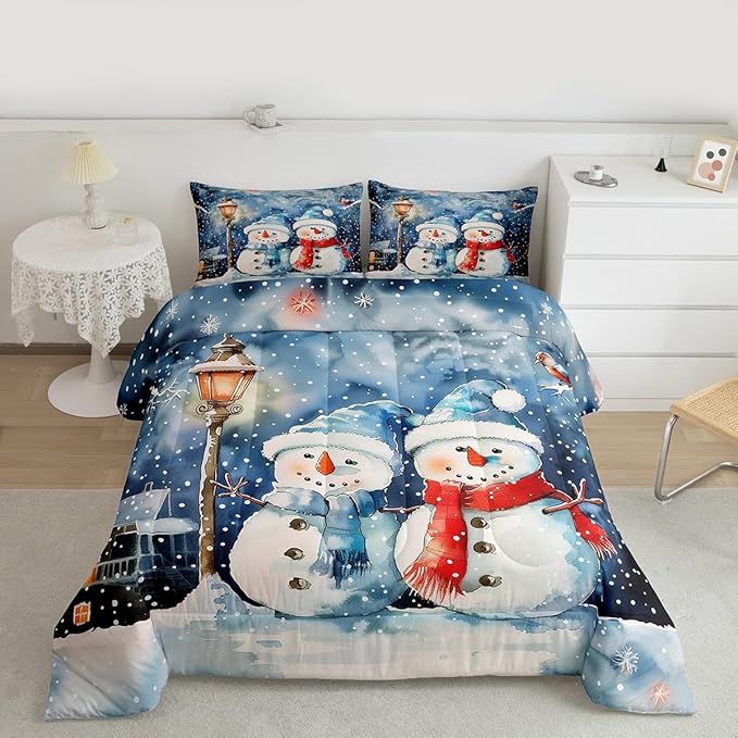 Feelyou Christmas Kids Comforter Set Full Size Blue Watercolor Snowman Bedding Set Xmas Winter Duvet Quilt for Kids Boys Girls Bedroom Snowflake Decor Microfiber Ultra Soft Breathable