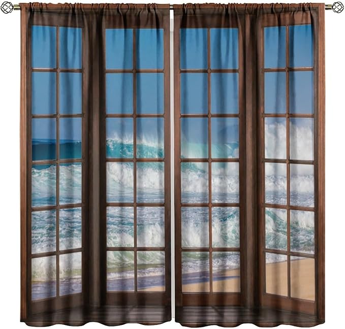 Ocean Beach Curtains,Waves Crashed Beach Hawaiian Seaside Scene Pattern Blackout Print Home Bedroom Living Room Window Treatments 2 Panel Set 63x72 Inch