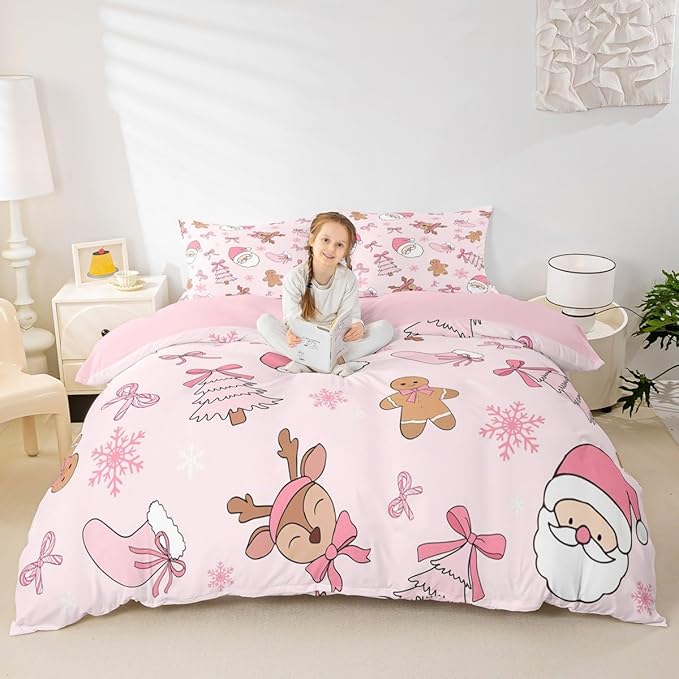 Feelyou Kids Pink Christmas Bedding Set King Size Merry Christmas Snowman Duvet Cover for Boys Girls Teens Bedroom Decor Santa Claus Comforter Cover Soft Microfiber Xmas Tree Deer with 2 Pillow Case