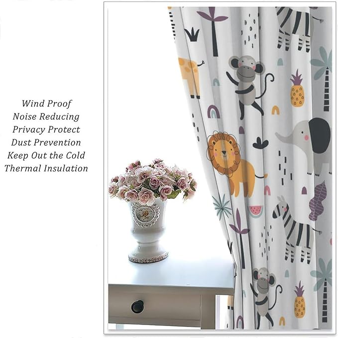 Cute Cartoon Animals Curtains Tropical Jungle Animals Elephant Giraffe Monkey Lion Modern Abstract Aesthetics for Kids Boys Bedroom Nursery Rod Pocket Decoration Window Drapes 2 Panels W31.5xL63in