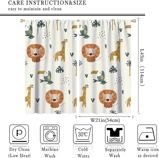 Cute Lion Window Curtains for Kids Bedroom,Cartoon Woodland Jungle Forest Wildlife Little Lion Giraffe Owl Palm Tree Printed Pattern Blackout Drapes for Living Room Baby Nursery Room 42x45 Inch