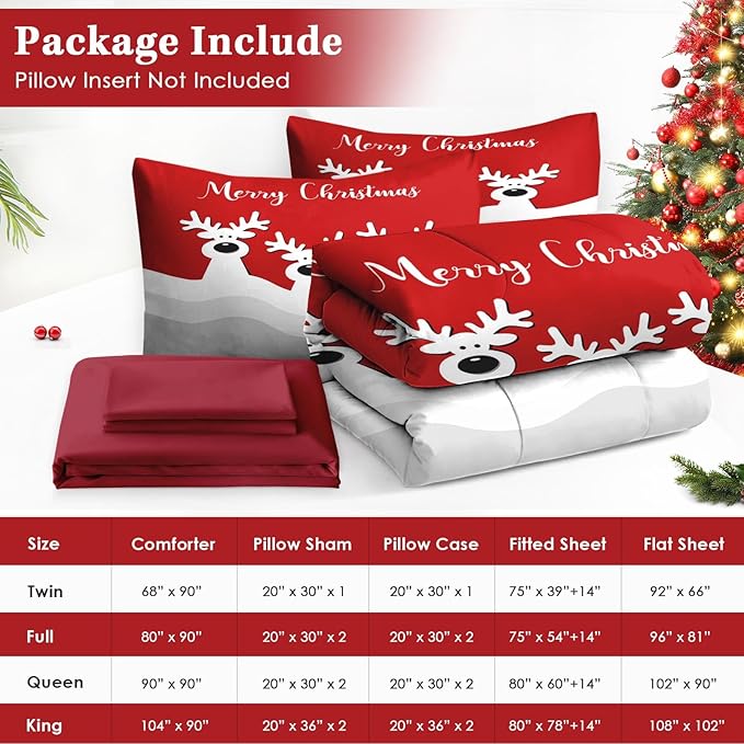 7 Pcs Queen Size Christmas Comforter Set with 2 Pillowcases & 2 Shams, Cute Cartoon Reindeer Bedding for Kids and Adults, Winter Merry Xmas Bed in a Bag with Flat Fitted Sheet