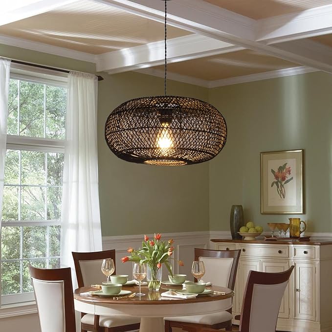 Rattan Pendant Light 15.75" 1-Light Hand-Woven Bamboo Rattan Hanging Lamp Large Globe Wicker Chandelier Modern Bohemian Adjustable Pendant Lamp for Kitchen Island Farmhouse Outdoor Porch Black.…