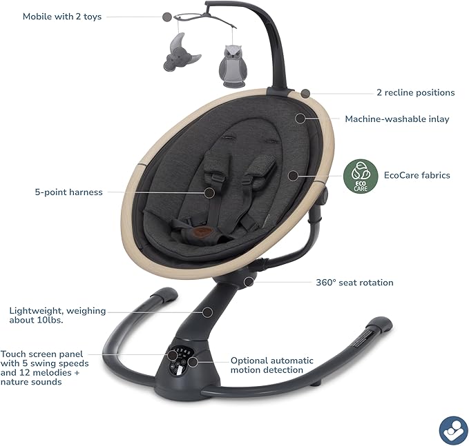 Maxi-Cosi Cassia Smart Baby Swing for Infants, Portable Foldable Swing with Music, 360 Rotation, 5 Speeds, 12 Melodies, EcoCare Fabric, Auto Motion Sensor, 2 Reclines, Classic Graphite