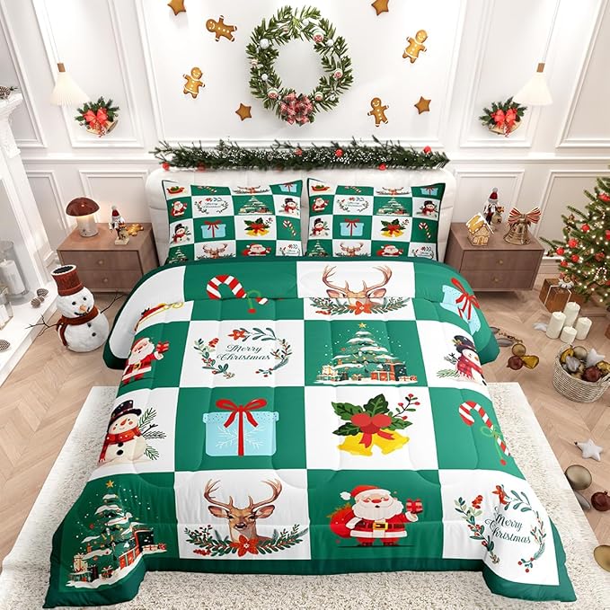 Erosebridal Merry Christmas Quilt Queen Size for Kids Teens Santa Claus Xmas Tree Bedding Set Cartoon Deer Snowman Comforter Set with 2 Pillow Cases