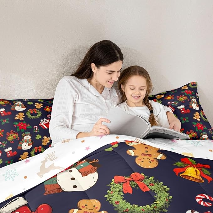 jejeloiu Merry Christmas Comforter Set Queen Size Cute Snowman Bedding Set for Kids Boys Girls Gingerbread Man Duvet Quilt Dark Blue Bedroom Decor