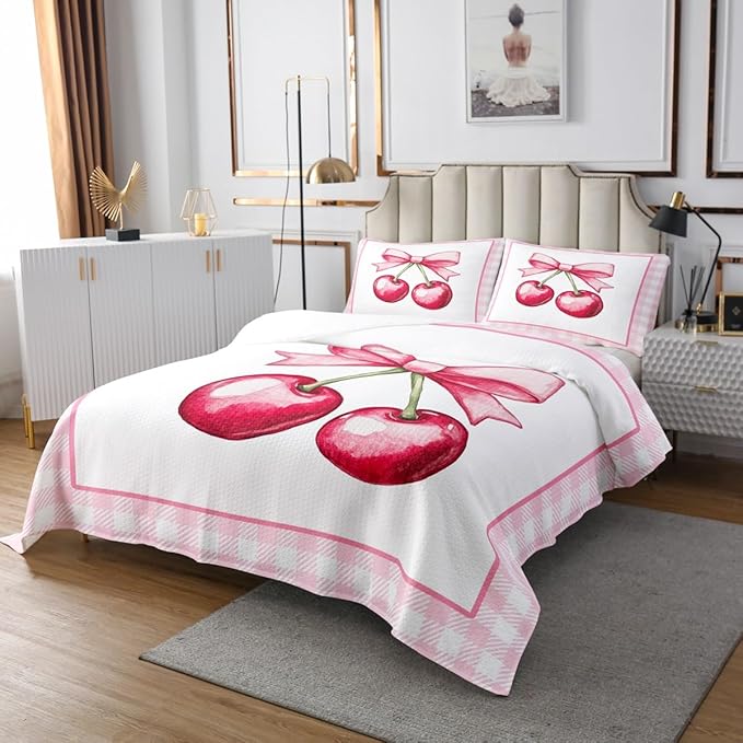 Cherry Bowknot Kids Bedspread Queen Size,Geometric Plaids Grids Patchwork Fashion Coverlet Set,Girls Women Room Decor,Bow Tie Princess Dreamy Quilted Coverlet,Pink Cute Bedding Quilt,2 Pillowcases