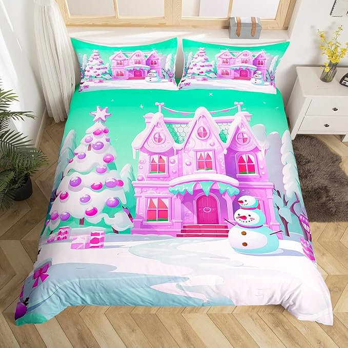 Feelyou Merry Christmas Comforter Cover Set Christmas Tree Snowman Duvet Cover Set for Kids Boys Girls Bedroom Bed Decor Xmas Christmas Purple Bedding Set Queen Size Soft Quilt Cover,No Comforter