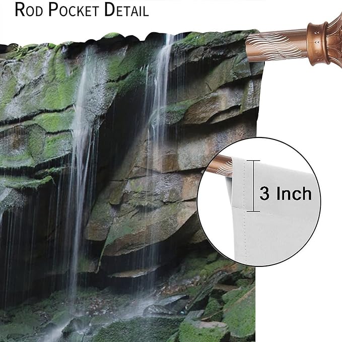 Forest Waterfall Blackout Windows Curtains, Rocky Waterfall to Pond Running Off Scenic Nature Themed Picture Print Curtains, for Living Room Bedroom 63x72in 2 Panels