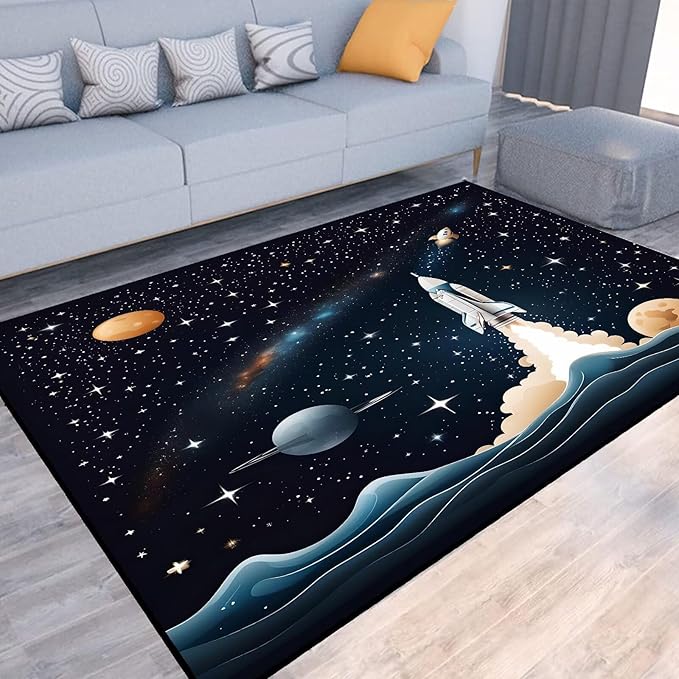 6' x 9' Space Rocket Rug for Kids Bedroom Black Stars Rugs Galaxy Carpet Planet Printed Throw Rugs for Boys Teens Living Room,180x275cm