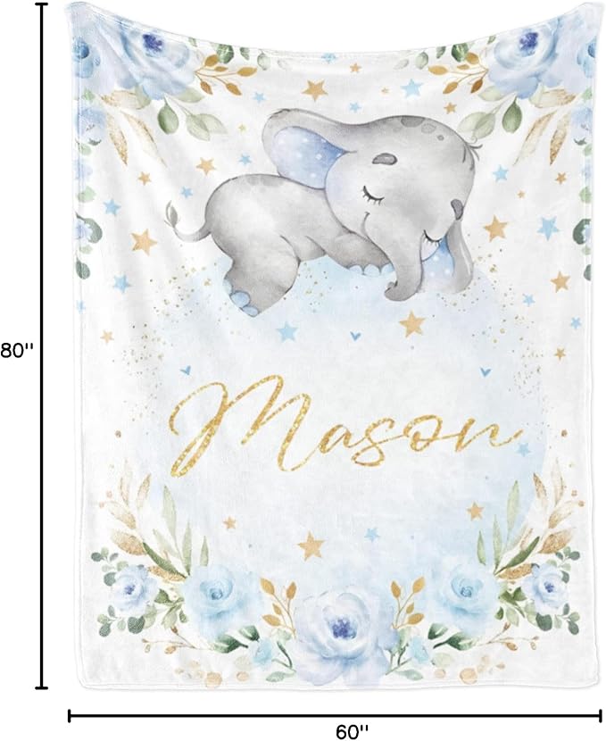 Elephant Baby BlanketPersonalized BlanketWith NameforBoyCustom Name BlanketforNewborn BoySoft Flannel Toddler Blanket Customized GiftforBirthday Christmas Baby Shower 60inX80in 4-elephant Blue
