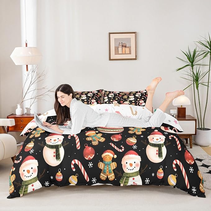 Feelyou Merry Christmas Duvet Cover Full Size Gingerbread Man Snowman Comforter Cover for Boys Girls Candy Cane Bell Xmas Decor Bedding Set 3Pcs Reversible Xmas Decor Room Decor