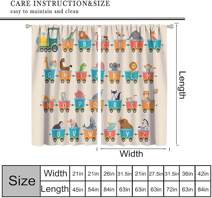 Kids Alphabet Curtains Funny Trains Letter Education School Cute Cartoon Animal Printed Curtain with Rod Pocket for Bedroom Living Room Drapes Window Treatments 2 Panels Set 42" W X 54" L