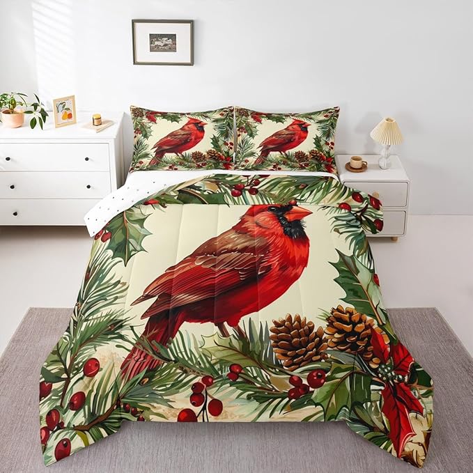 jejeloiu Kids Red Cardinal Comforter Set Twin Size Christmas Tree Green Plants Bedding Set for Boys Girls Teens Xmas Birds Animal Winter Happy New Year Duvet Quilt Room Decor
