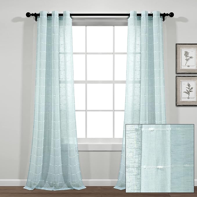 Lush Decor Farmhouse Textured Grommet Sheer Window Curtain Panel Pair, 38"W x 84"L, Blue