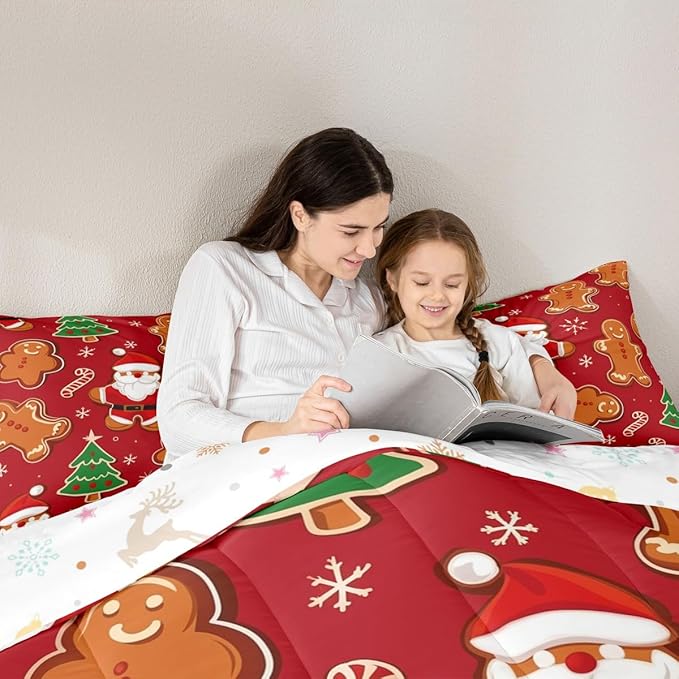 Feelyou Christmas Kids Comforter Set Twin Size Santa Bedding Set Gingerbread Man Duvet Quilt for Kids Boys Girls Bedroom Xmas Tree Snowflake Decor Microfiber Ultra Soft Breathable