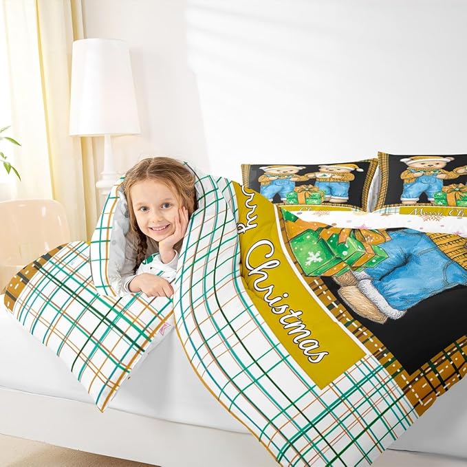 Feelyou Merry Christmas Comforter Set All Season Cute Bear Bedding Set with 1 Pillow Cases Microfiber Kids Toddler Bedclothes Winter Bedroom Decor Duvet Quilt Breathable Soft