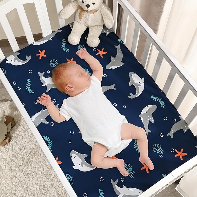 PHF 3 Pack Soft Mini Crib Sheets, Shark Pack N Play Sheets for Baby Boys, No Slip Universal Fit for Pack N Play, Playard, Portable and Mini Crib Mattresses, Shark