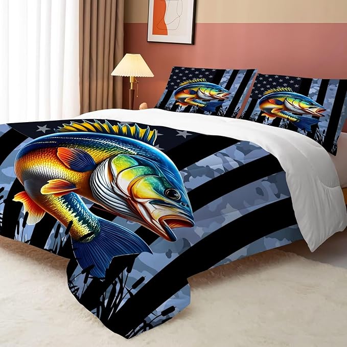 Camouflage Fisherman Comforter Set Twin Size Bedding Set for Men Boys Teens Grey Fishing Lover Bedroom Farmhouse American Flag Bed Set Wild Quilted,1 Comforter 1 Pillowcase