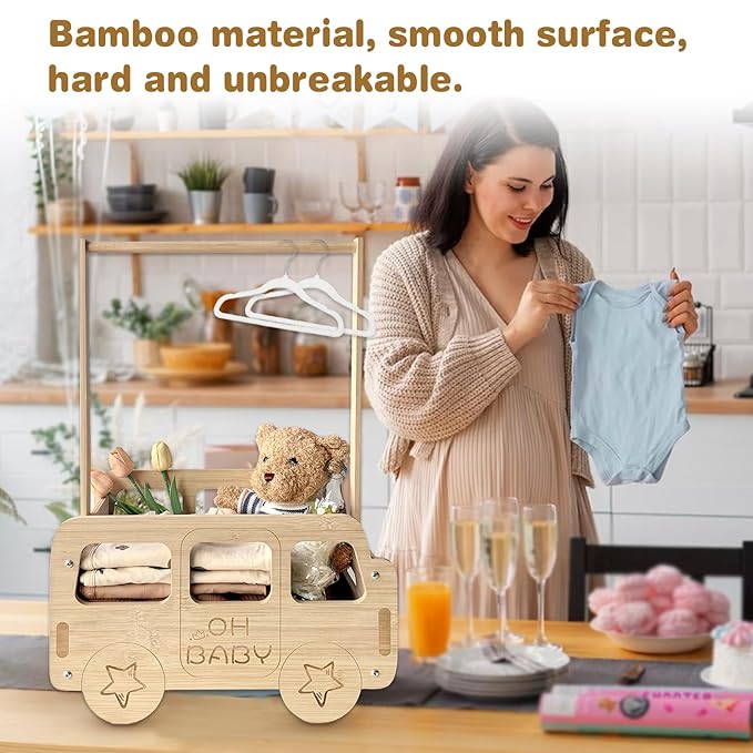 fun-plus Baby Shower Crate Closet, Bus Shape Baby Shower Basket with Handle Baby Storage Crate, Wooden Crate for Pregnancy New Parent (Bamboo made)
