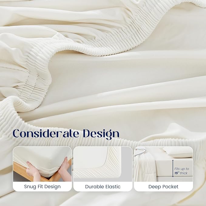 Dream Valley® King Size Sheets Set, Cooling Fitted Sheet with 2 Pillowcase-3 PCS with No Flat Sheet,Q-Max > 0.4 Aerocool, Cooling for Night Sweats, Hot Sleepers,deep Pocket up to 15",Ivory