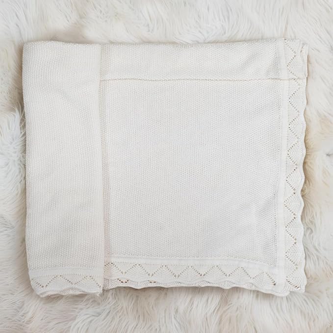 Baby Knit Blanket Soft Breathable Cotton Scallop Border Blankets Newborn Knitted Blanket Swaddle Blankets Gifts for Baby Newborn Toddler Shower Boy Girl New Mom Birthday Christmas White 30x30