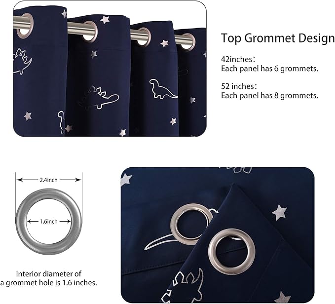 LORDTEX Dinosaur and Star Foil Print Blackout Curtains for Kids Room - Thermal Insulated Curtains Noise Reducing Window Drapes for Boys and Girls Bedroom, 42 x 63 Inch, Navy, Set of 2 Panels