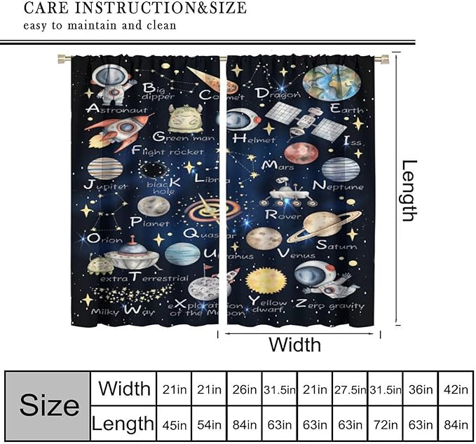 Cartoon Kids Alphabet Astronaut Curtain，Retro Cute Cosmic Galaxy Letter Printed Rod Pocket Blackout Window Treatments for Boys Girls Bedroom Living Room School 63" W X 72" L