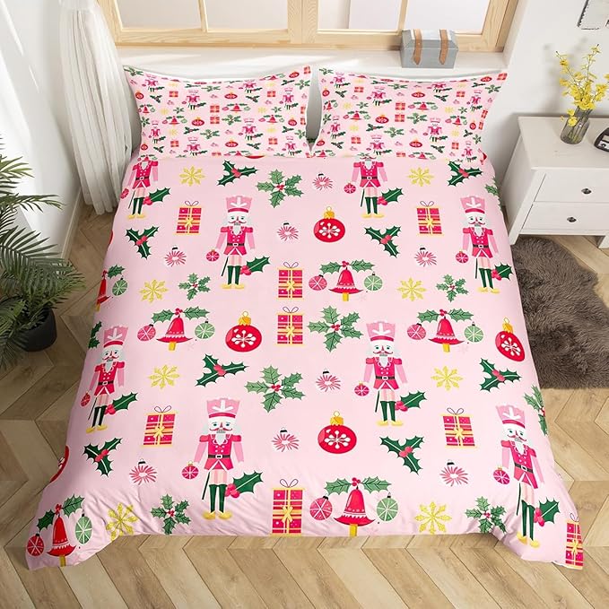 Feelyou Christmas Pink Nutcracker Comforter Cover Twin Size Cute Royal Guarder Duvet Cover Xmas Snowflake Bedding Set Gifts for Kids Boys Girls Decor 1 Pillow Case Pink