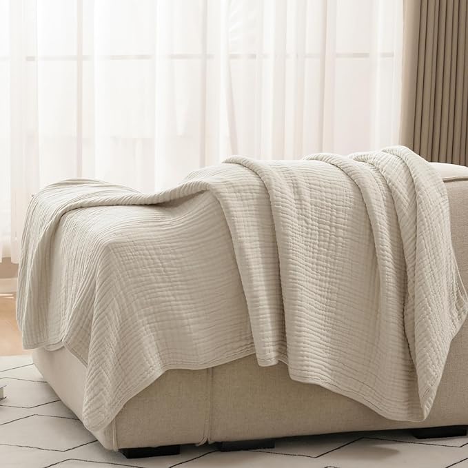 PHF Cooling Muslin Blanket Queen Size 90"x80", 6-Layer Lightweight Gauze Blanket Made from 35% Rayon Derived from Bamboo & 65% Cotton, Breathable & Ultra Soft Cozy, Aesthetic Home Decor, French Oak