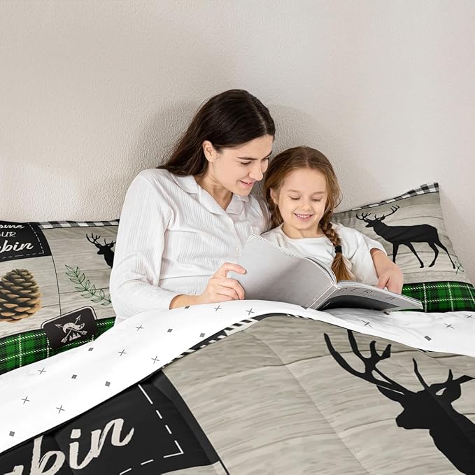Deer Silhouette Kids Comforter Set Twin Size,Old Plank Leaves Bedding,Girls Boys Adults Bedroom/Xmas Cabin Decor,Geometric Grid Plaid Retro Down Comforter,Rustic Farmhouse Duvet Insert,1 Pillowcase