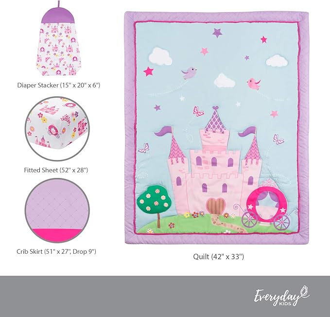 EVERYDAY KIDS 4 Piece Girls Crib Bedding Set -Princess Storyland - Includes Quilt, Fitted Sheet, Dust Ruffle and Diaper Stacker - Nursery Bedding Set - Baby Crib Bedding Set