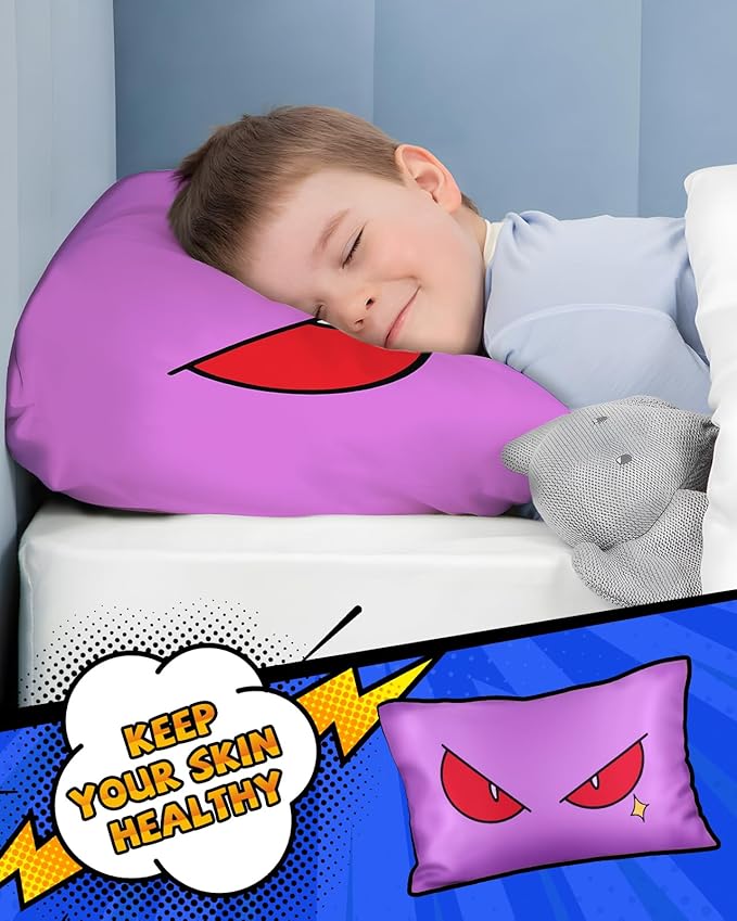 Silk Pillowcase for Kids - 30 x 20 Inches Queen Size Mulberry Silk Pillow Case with Zipper Cute Cartoon Kawaii Teens Girls Boys Pillowcase for Hair and Skin, Red Eye