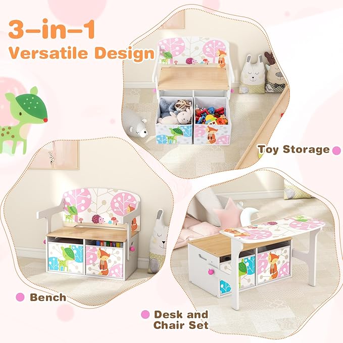HONEY JOY Kids Table and Chair Set, 3-in-1 Convertible Wooden Toy Storage Bench with Handle, 2 Bins for Kids Reading Nook, Toddler Table and Chair Set for Daycare Playroom Classroom (White)